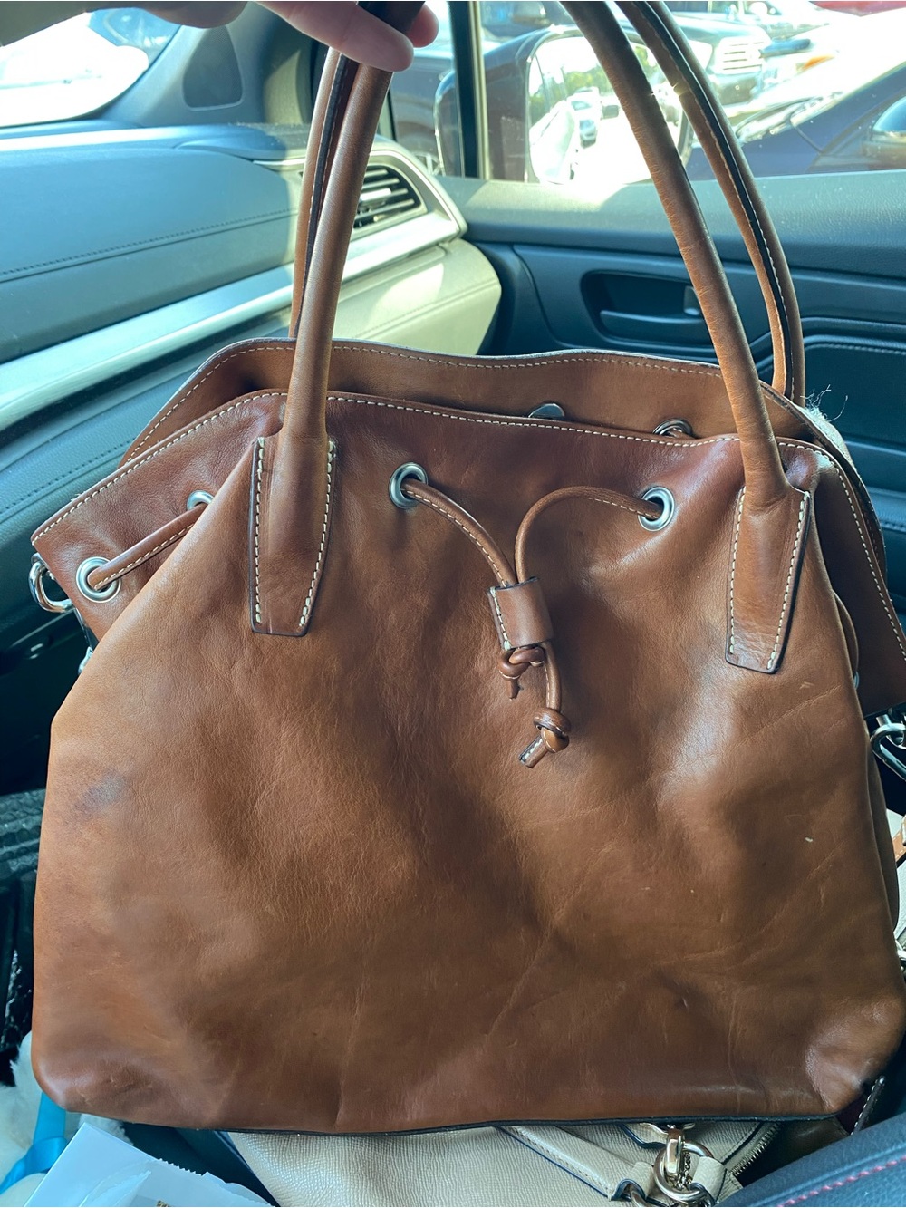Women's Tan Leather Drawstring Tote Bag